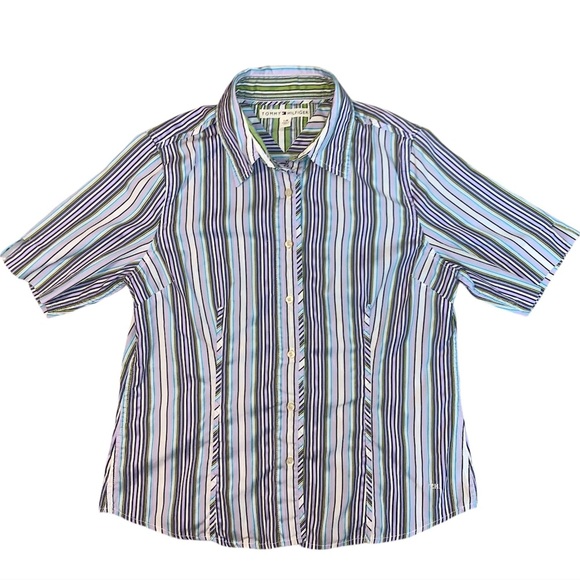 Tommy Hilfiger Vintage Women’s Striped Button Down Shortsleeve Blouse size L - Picture 1 of 16